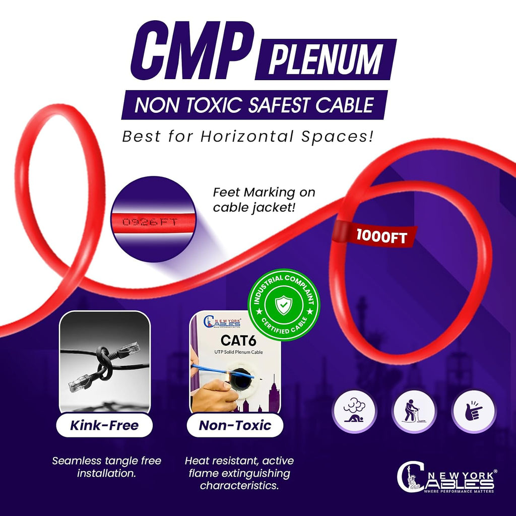 NewYork Cables CAT6 Plenum Cable 1000ft (CMP) 23AWG Solid Conductor 550MHz, Twisted Pair 10GB UTP Cat 6 Ethernet Cable - Tested with DXT-1800 Network Analyzer (Red)