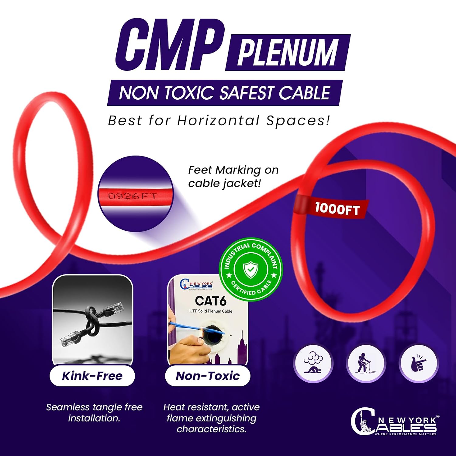 NewYork Cables CAT6 Plenum Cable 1000ft (CMP) 23AWG Solid Conductor 550MHz, Twisted Pair 10GB UTP Cat 6 Ethernet Cable - Tested with DXT-1800 Network Analyzer (Red)