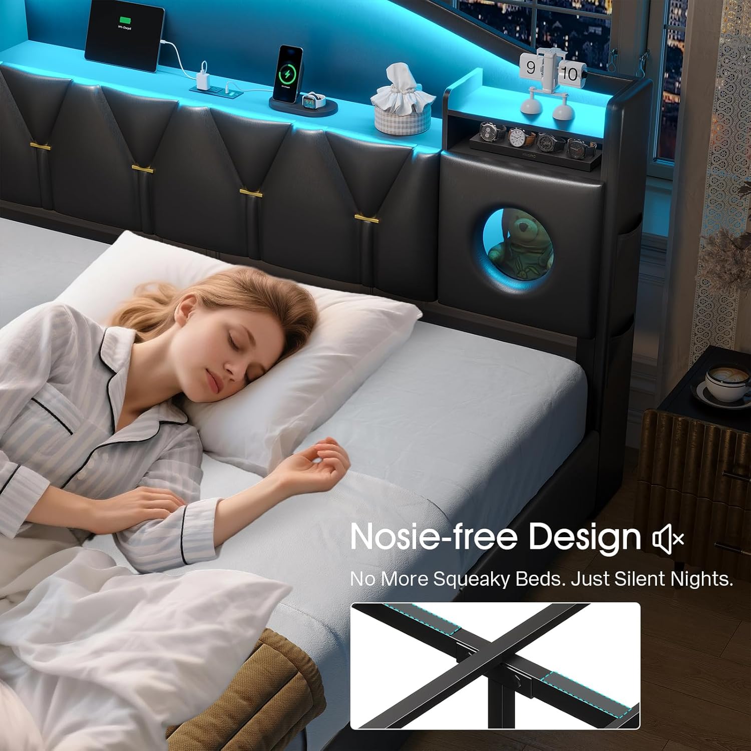 King Bed Frame with 6 Storage Drawers, Platform Bed Frame King Size with Headboard, LED Lights&Charging Station, King Bed with Metal Support, Noise-Free, No Box Spring Needed, Easy Assembly, PU Black
