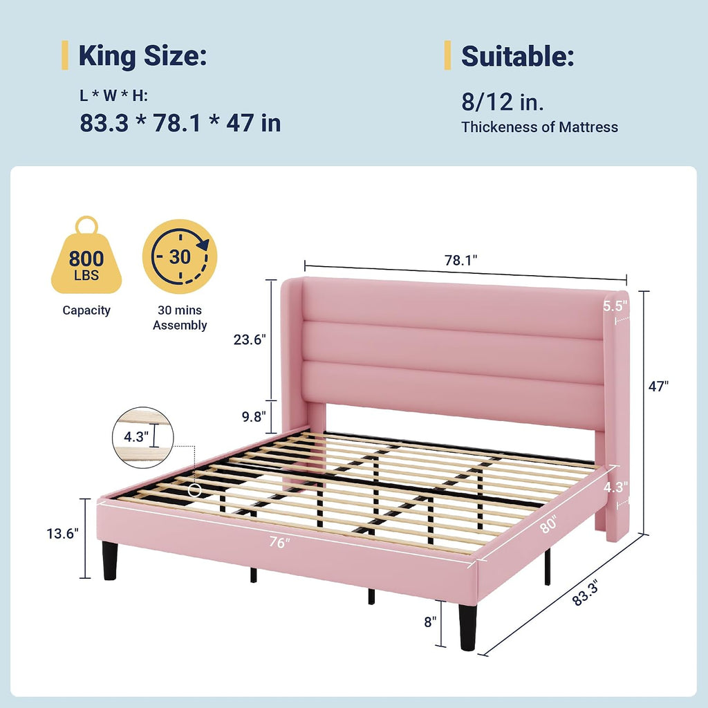 Allewie King Size Platform Bed Frame with Velvet Upholstered Wingback Headboard, No Box Spring Needed, Under Bed Storage Space, Strong Wooden Slats, Modern Mattress Foundation, Easy Assembly, Pink