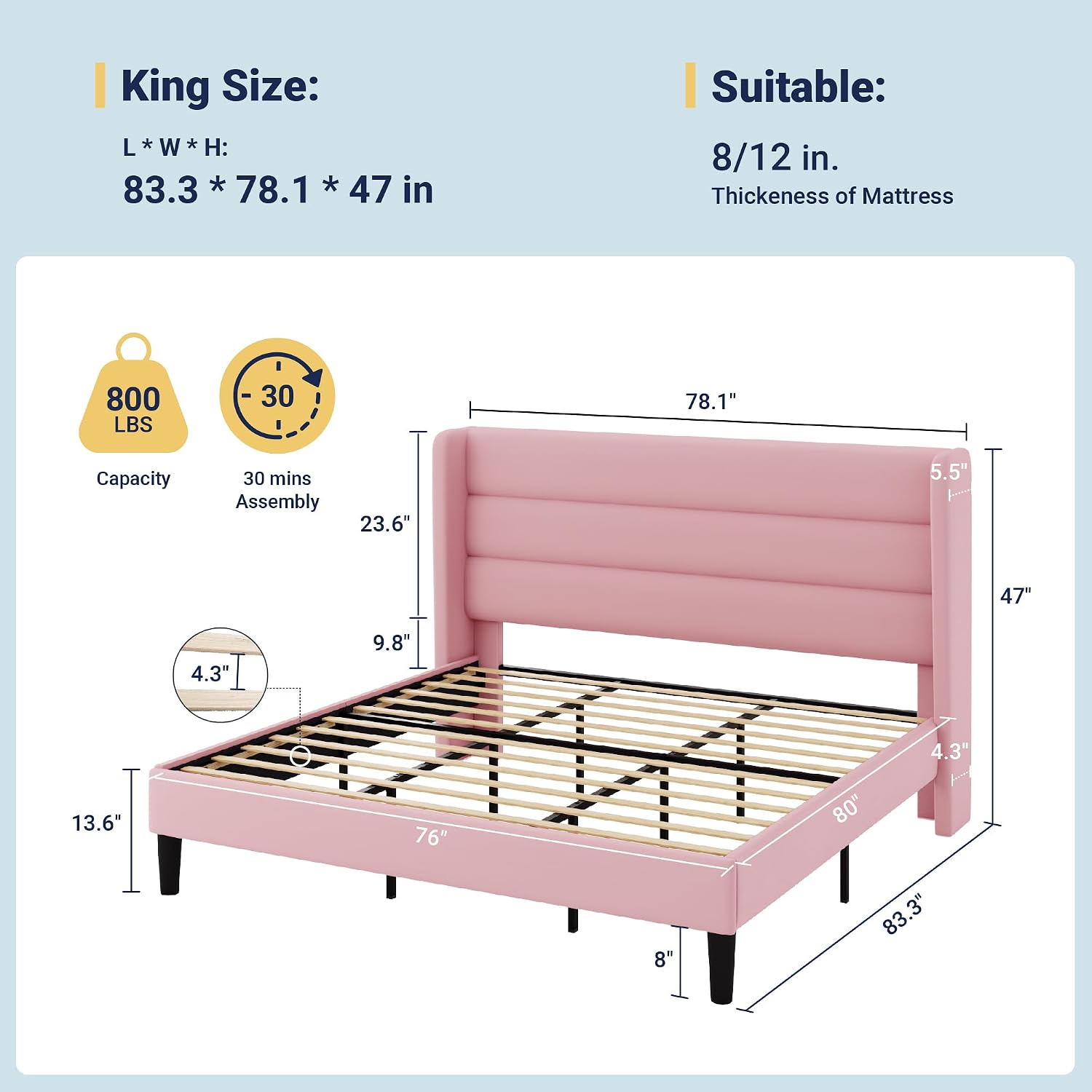 Allewie King Size Platform Bed Frame with Velvet Upholstered Wingback Headboard, No Box Spring Needed, Under Bed Storage Space, Strong Wooden Slats, Modern Mattress Foundation, Easy Assembly, Pink