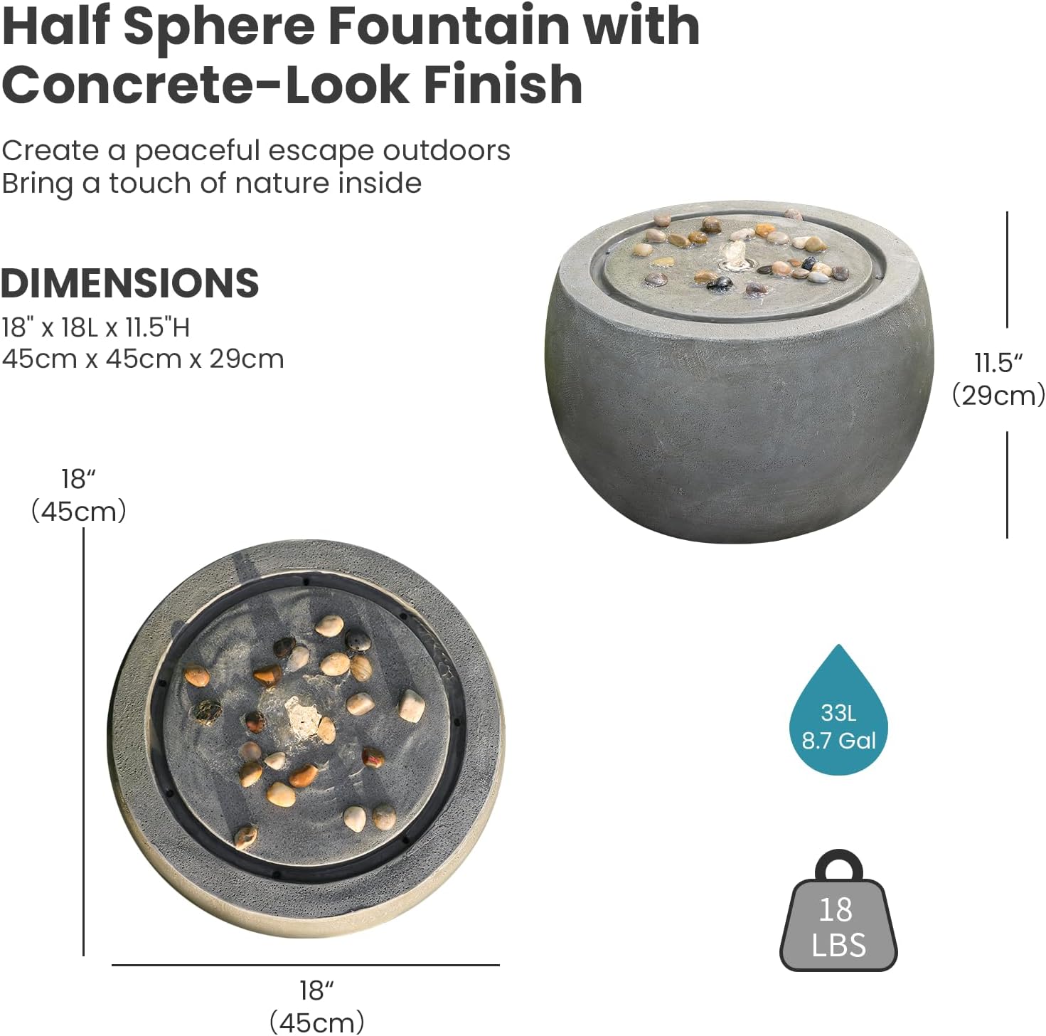 Tankana Solar Water Fountain Outdoor Garden Bubbler Water Feature Fountains Solar Powered with Pebbles for Patio Deck Yard Home Decor Gray, 18 'L x 18' W x 11.5' H