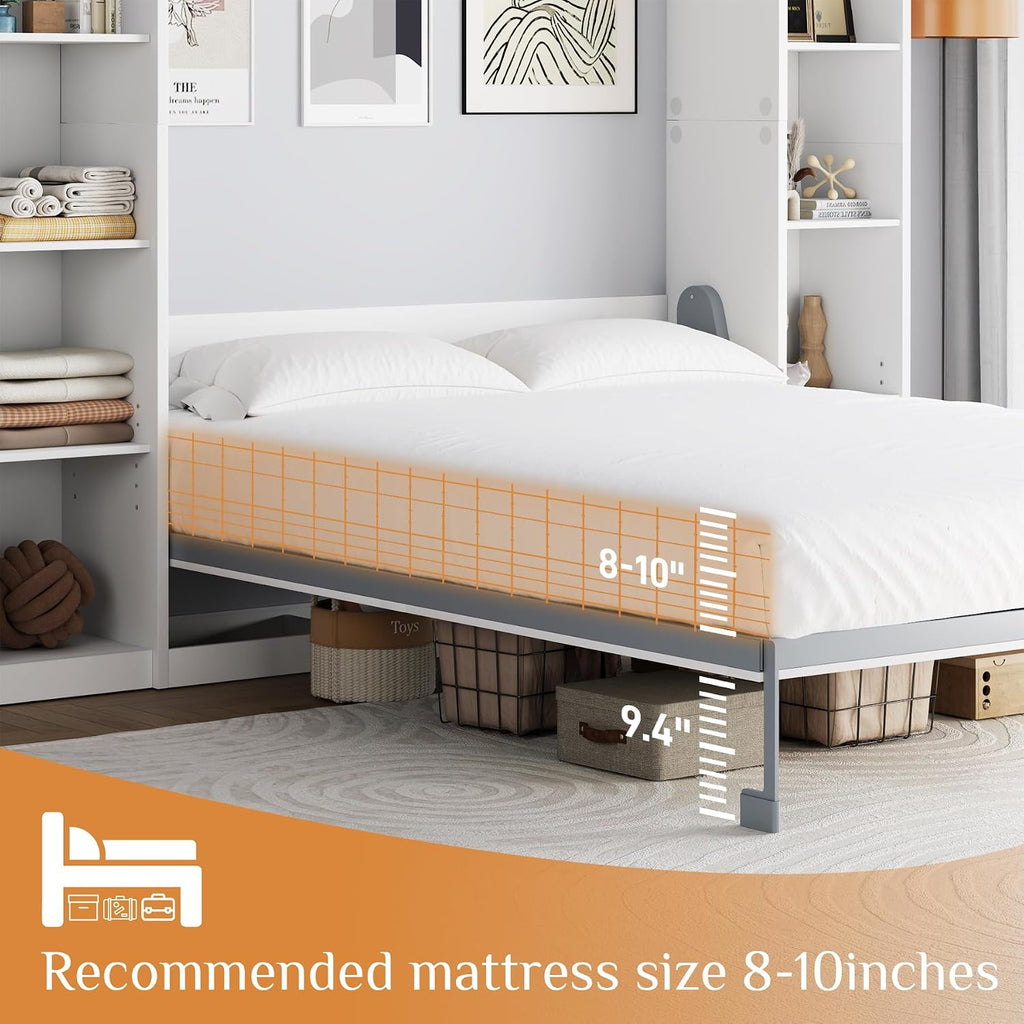 Rophefx Queen Murphy Bed Cabinet with 5-Tier Adjustable Storage Shelves, Wood Queen Wall Bed Cabinet Bed, Space Saving Beds, Hidden Bedframe, Foldable Platform Beds for Guest Room, Bedroom, White
