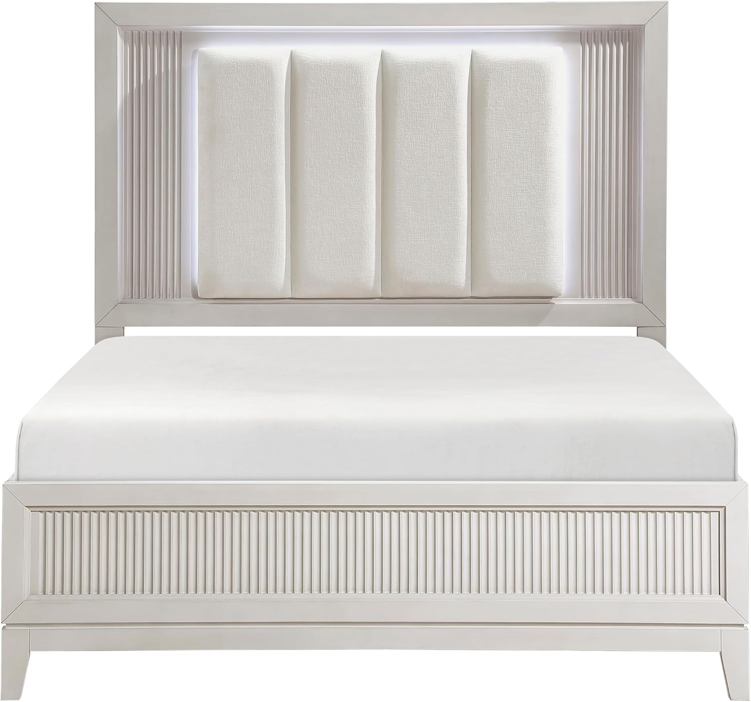 Modern Antique White Finish Bedroom Set 5 Piece King Size Bed with LED Light Wooden Furniture