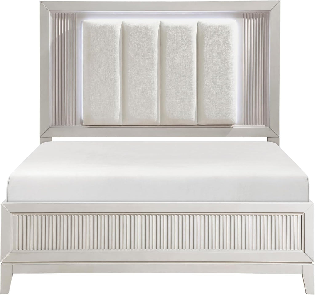 Modern Antique White Finish Bedroom Set 5 Piece California King Size Bed with LED Light Wooden Furniture