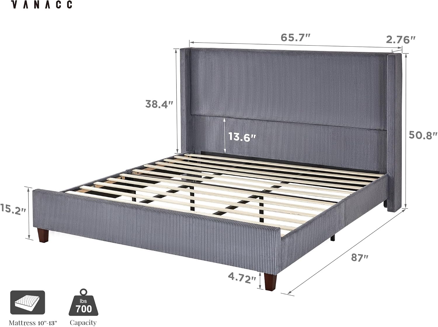 VanAcc Queen Size Platform Bed Frame, 50.8' Corduroy Upholstered Bed with Vertical Channel Tufted Headboard/Wooden Slats/Wingback/No Box Spring Required/Grey
