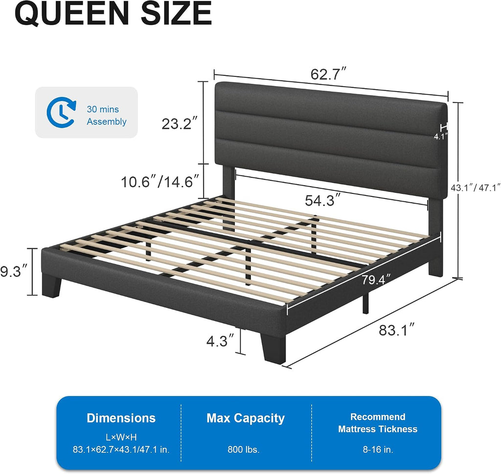GOLDORO Queen Size Platform Bed Frame with Upholstered Headboard, Wooden Slats Support, No Box Spring Needed, Easy Assembly, Dark Grey