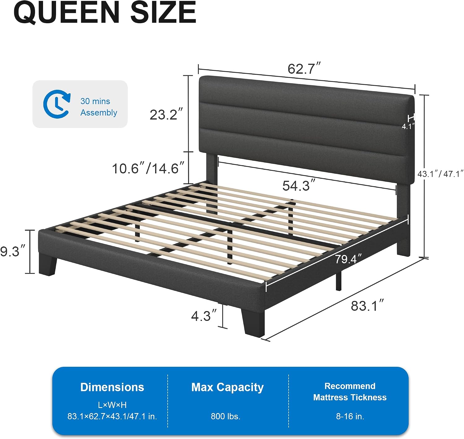GOLDORO Queen Size Platform Bed Frame with Upholstered Headboard, Wooden Slats Support, No Box Spring Needed, Easy Assembly, Dark Grey