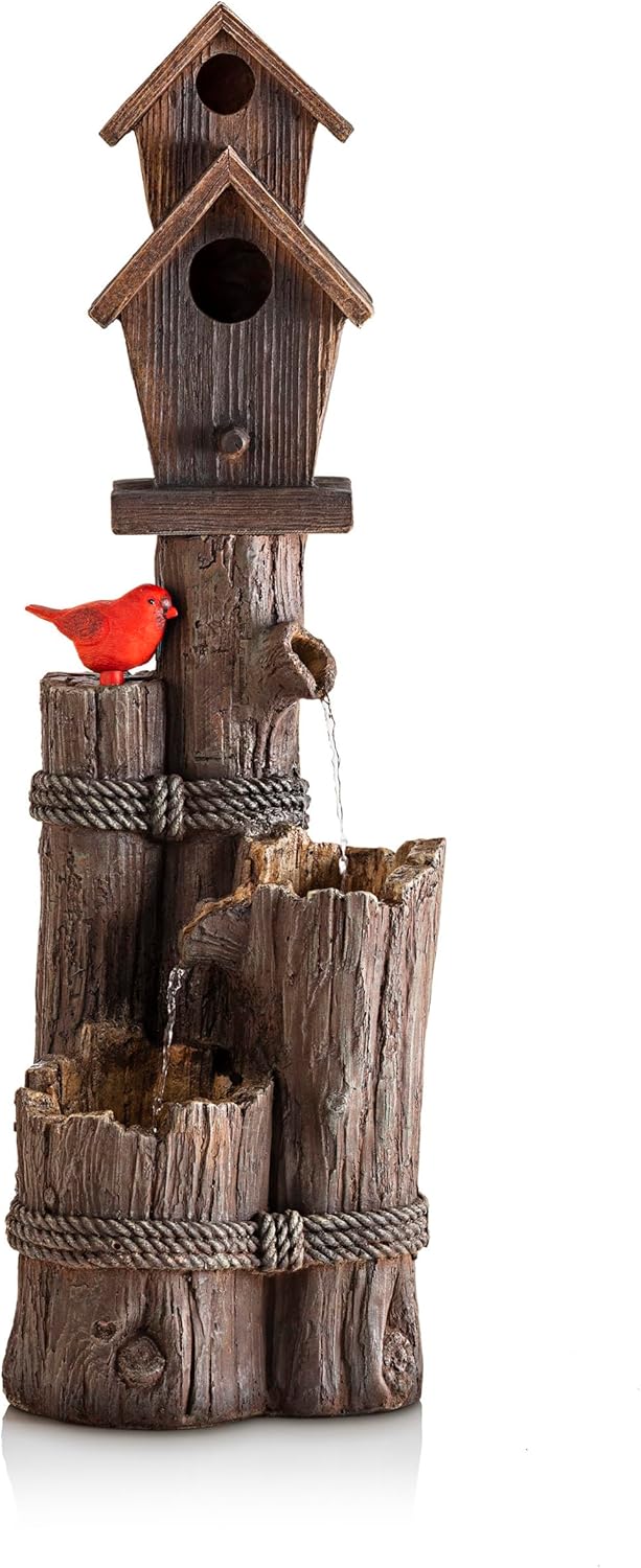 Alpine Corporation 35' Tall Outdoor 3-Tier Birdhouse Water Fountain with Cardinal Accent, Rustic Floor Decor for Garden and Patio, Brown