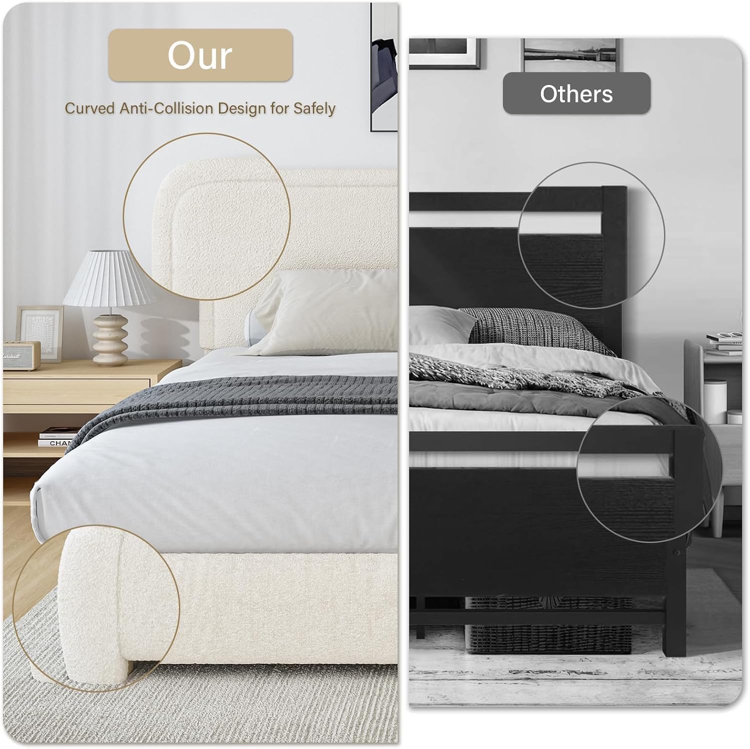 BarnFurin Queen Bed Frame with Headboard, Cloud Boucle Upholstered Platform Bed with Wood Slats, Soft Rounded Corners, No Box Spring Required, Non-Slip and Noise-Free, Easy Assembly, Cream
