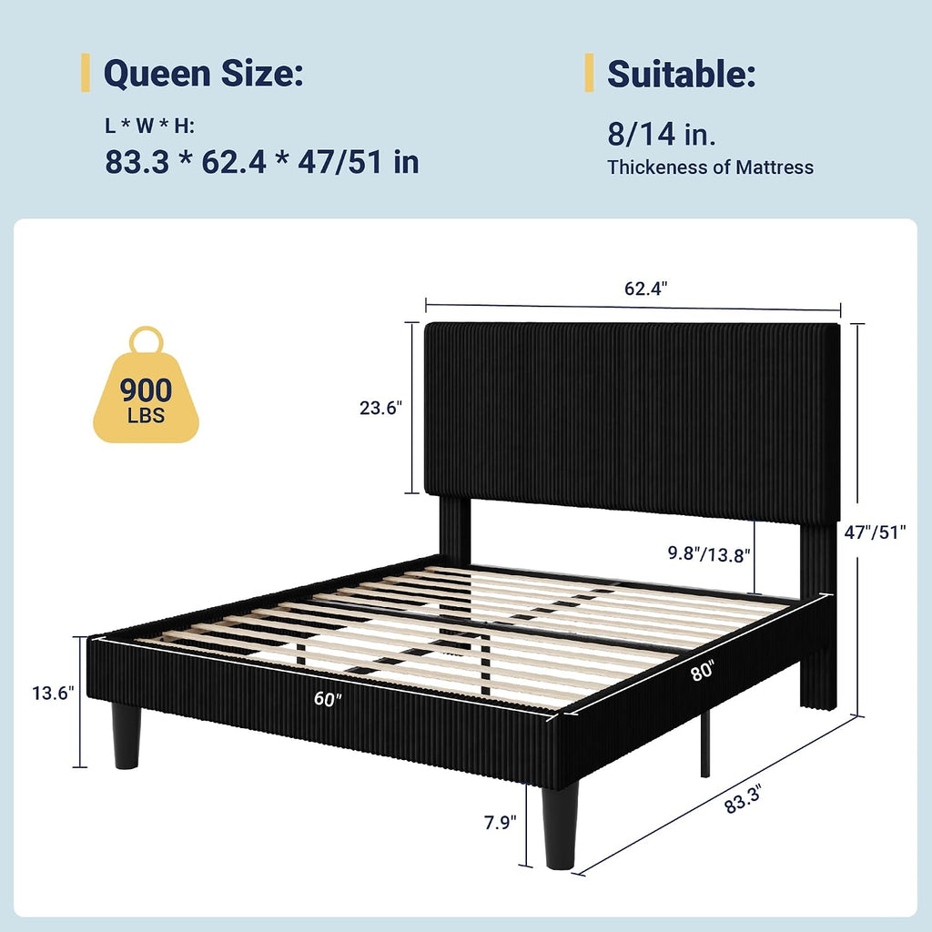 Allewie Queen Size Upholstered Bed Frame with Vertical Channel Tufted Headboard, Soft Corduroy Fabric Platform Bed, Strong Wooden Slats Support, Easy Assembly, No Box Spring Needed, Black