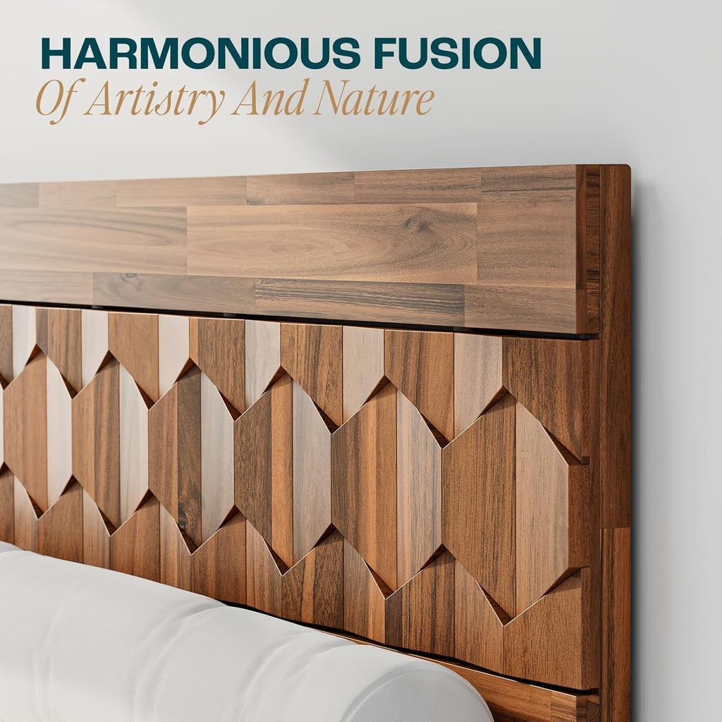 Bme Georgina Queen Bed Frame and Headboard, Signature Handcrafted Geometric Design, US Patent Pending Design, Solid Wood, No Box Spring Needed, 12 Strong Wood Slats Support, Easy Assembly, Dark Choco