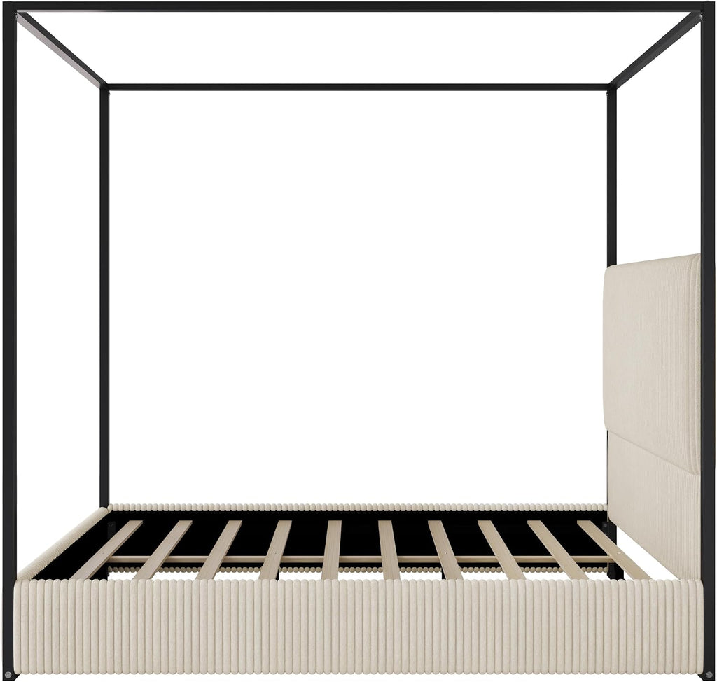 King Size Metal Canopy Bed with Tall Upholstered Channel Headboard and Gold 4 Poster, No Box Spring Needed (White+ Black, King)