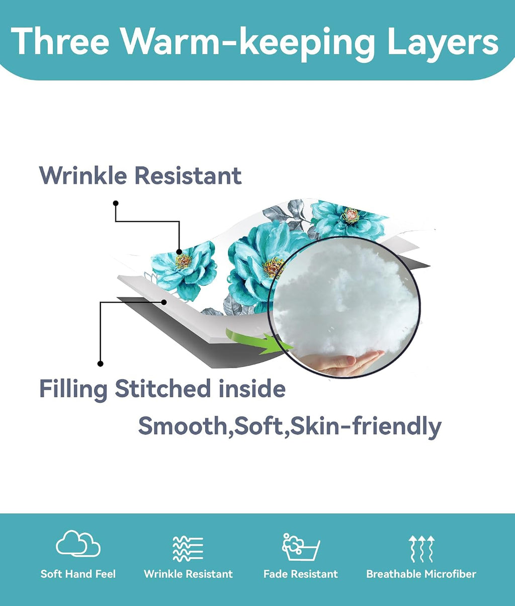 9 Pcs Cal King Bed in A Bag with Curtains | Teal Floral Bedspread, 2 Pillowcases, 2 Print & 4 Solid Curtains | Microfiber, Cotton-Like Touch | Bedroom | Bedspread and Curtain Sets