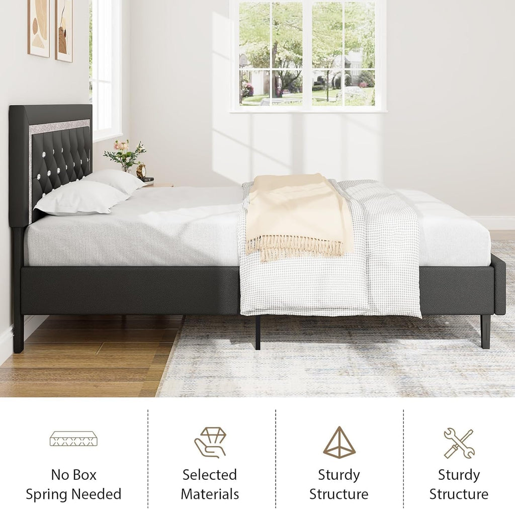 BarnFurin Full Size Bed Frame with Tufted Button Headboard, Upholstered Platform Bed Frame with Diamond Design, Wood Slat Support, No Box Spring Needed, Easy Assembly, Black