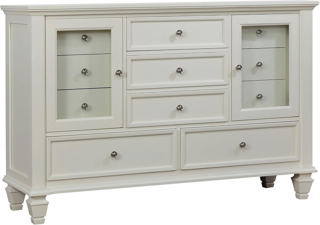 Coaster Home Furnishings Sandy Beach Coastal 5-Piece Bedroom Set Queen Size Storage Panel Bed Frame 57-inch Headboard Cream White 201309Q-S5