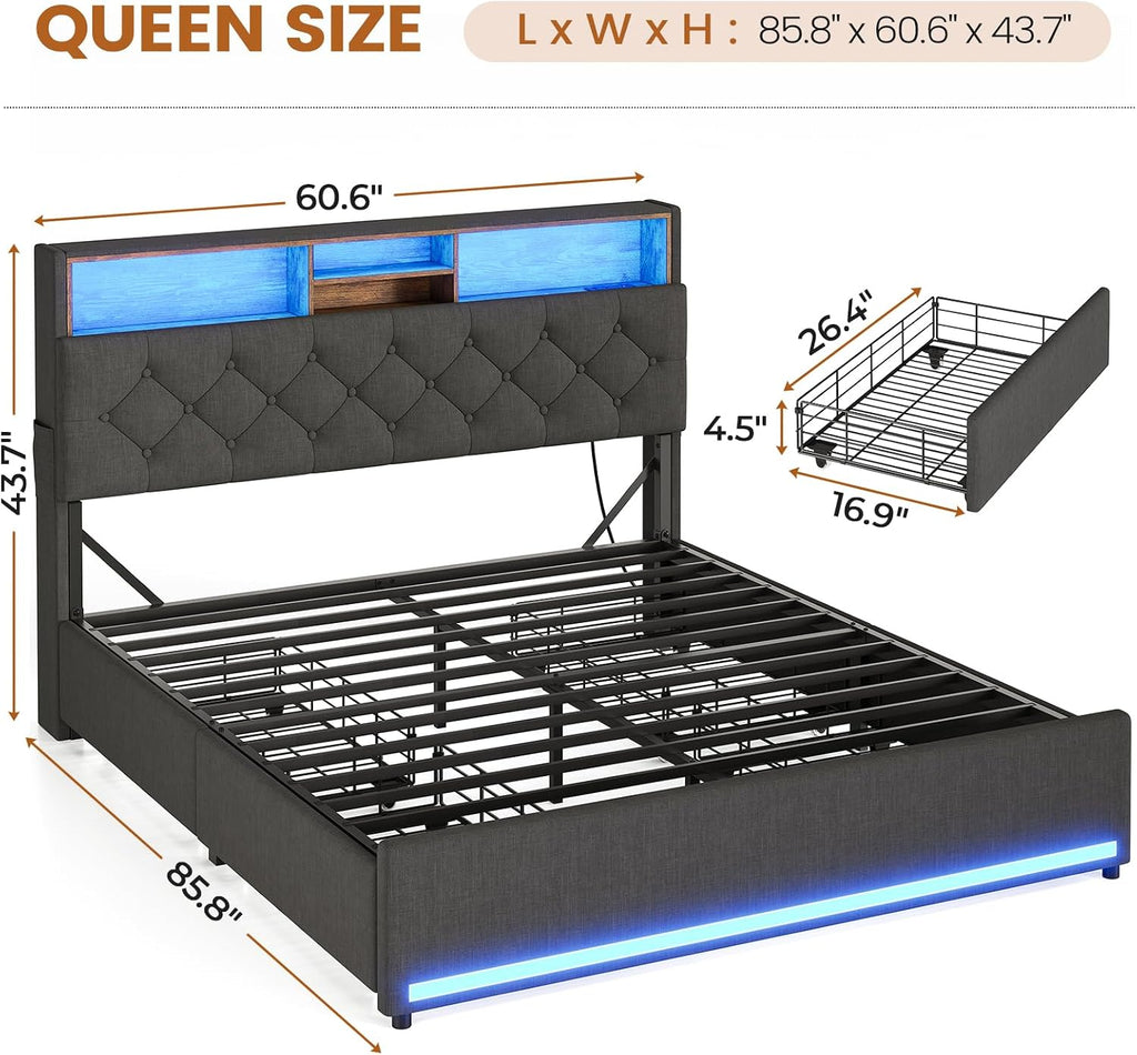 BTHFST Queen Bed Frame with Hidden Storage Headboard & 4 Drawers, LED Bed Frame Queen Size with Charging Station, Upholstered Metal Bed, No Box Spring Needed, Dark Grey