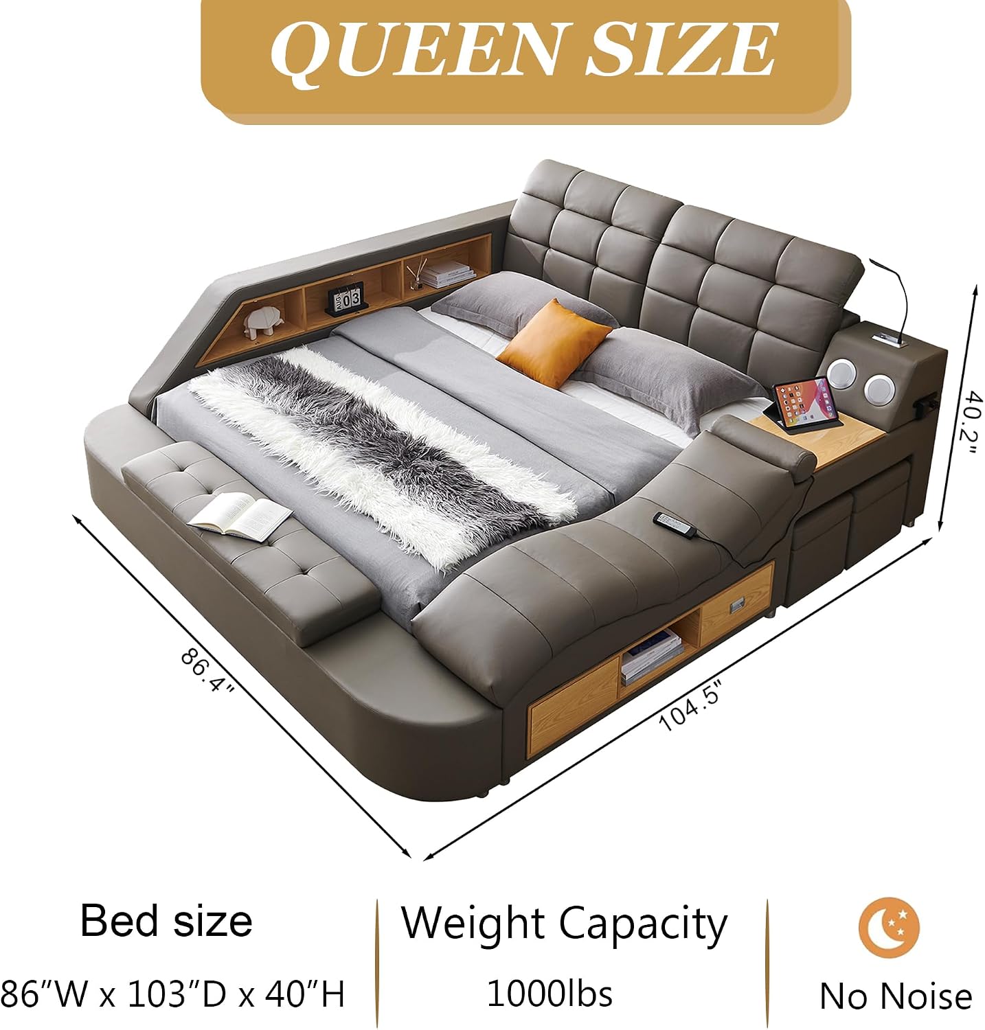 Multifunctional Queen Bed Frame, Gray Luxury Smart Bed Frames with Massage Chaise Lounge on Right, Modern Bed with Bluetooth Speakers & USB Charging Station for Bedroom