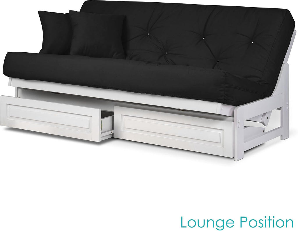 Nirvana Futons Arden White Futon with Storage Drawers Queen Size - Minimalist Armless Design with 8 Inch Comfortable Mattress (Twill Black), Sofa Bed Available in