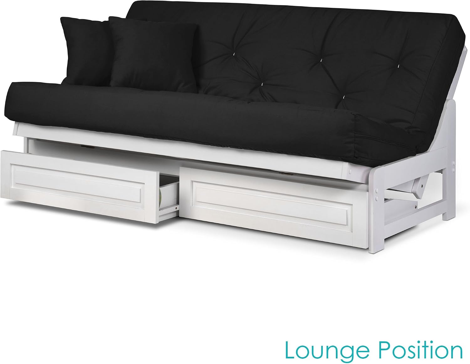 Nirvana Futons Arden White Futon with Storage Drawers Queen Size - Minimalist Armless Design with 8 Inch Comfortable Mattress (Twill Black), Sofa Bed Available in