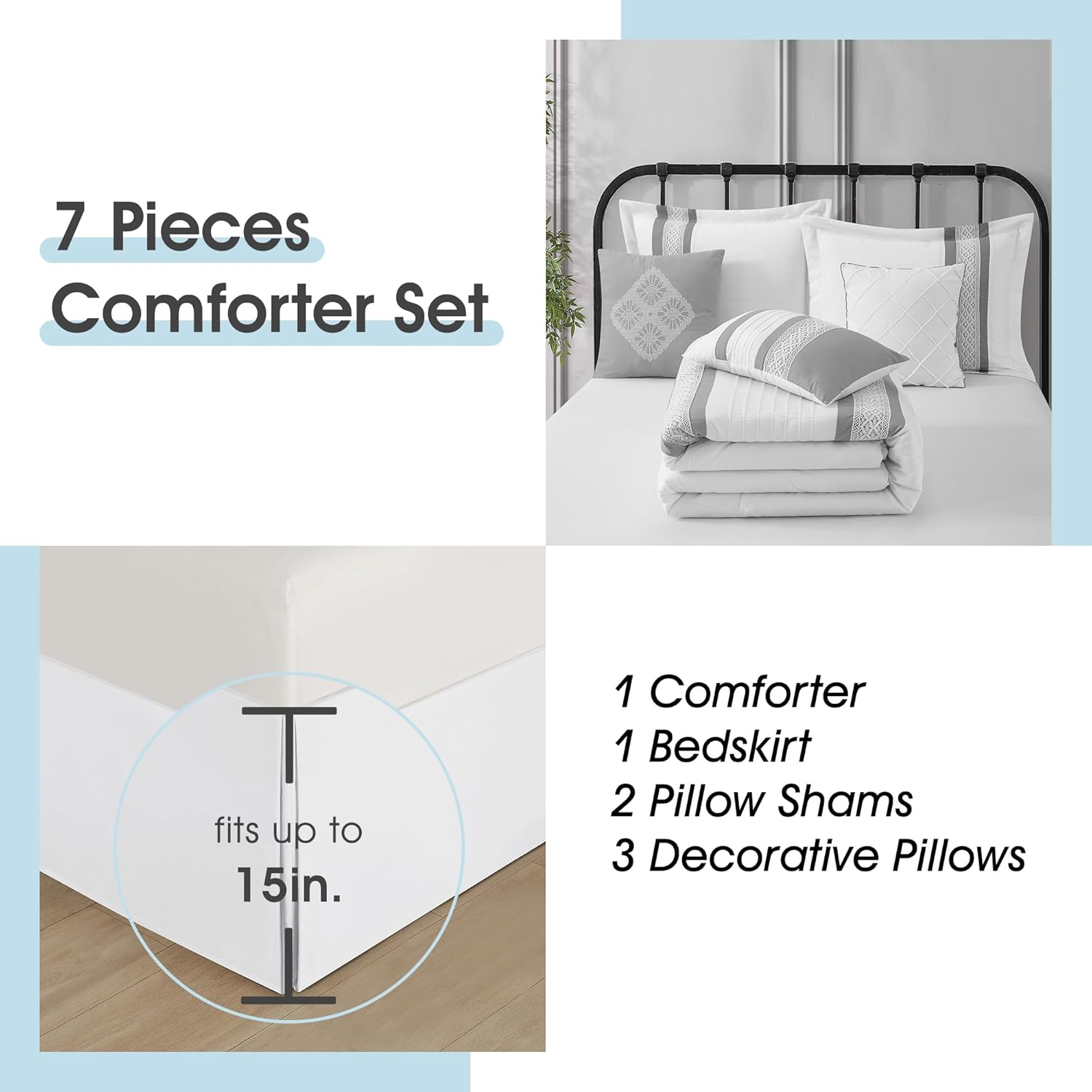 LANCO MODERN LIFESTYLE 7 Piece Comforter Set, Grey White, California King, Boho Style Geometric Microfiber Embroidery, Bed in a Bag with Bedskirt, Pillow Shams and Decor Pillows