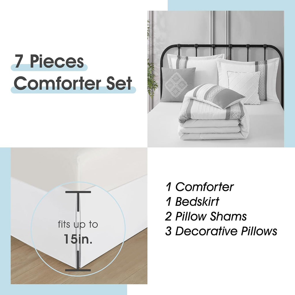 LANCO MODERN LIFESTYLE 7 Piece Comforter Set, Grey White, King Size, Boho Style Geometric Microfiber Embroidery, Bed in a Bag with Bedskirt, Pillow Shams and Decor Pillows