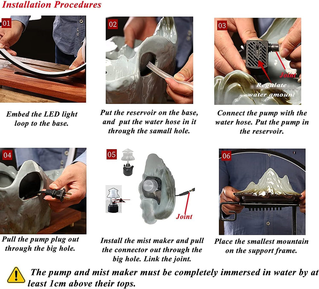 Ceramic Water Fountains Indoor Waterfall with LED 3 Ceramic Animals Mist Water Fountain with Backflow Incense Holder for Feng Shui Strees Relief Wealth-Booming Japanese Decor (Animal)