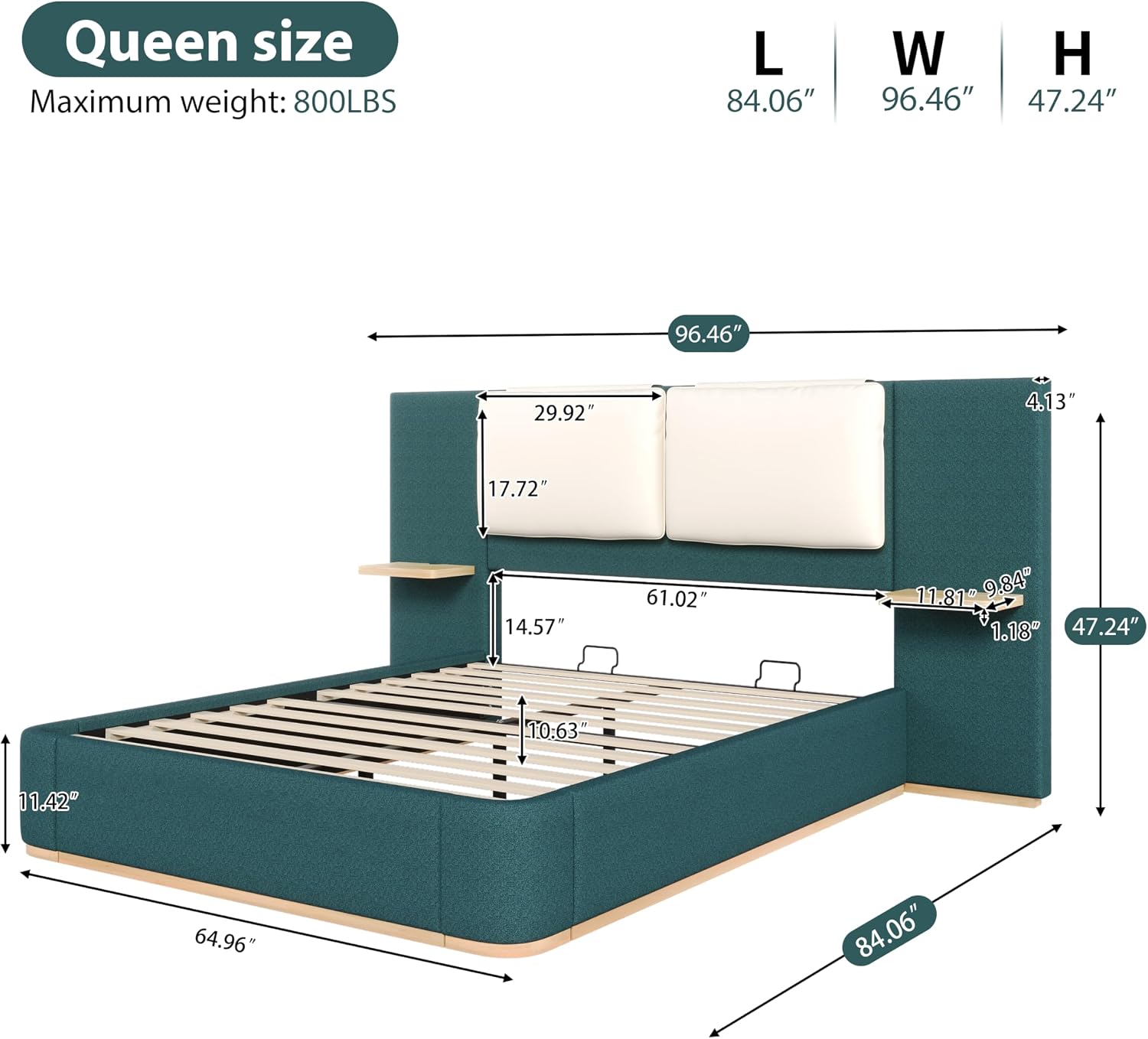 Merax Queen Size Bed Frame, Linen Upholstered Platform Bed with Large PU Leather Headboard and Shelf, Modern Bedroom Furniture & Solid Wood Slats Support, No Box Spring Needed, Easy Assembly, Green