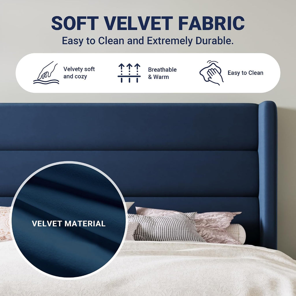 Allewie Queen Size Platform Bed Frame with Velvet Upholstered Wingback Headboard, No Box Spring Needed, Under Bed Storage Space, Wooden Slats, Modern Mattress Foundation, Easy Assembly, Blue