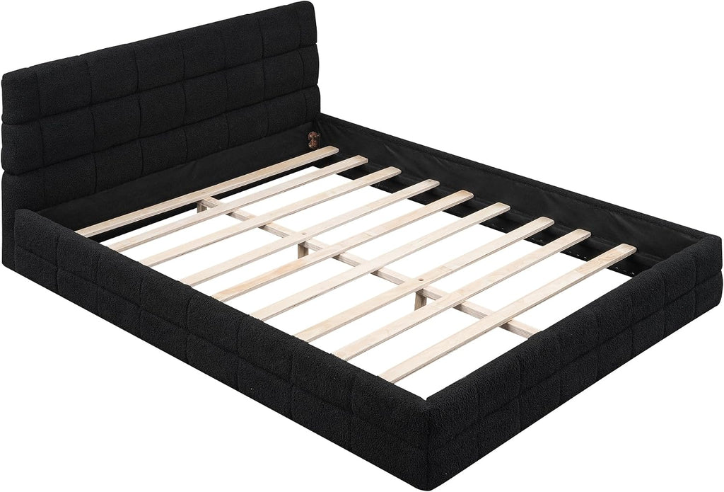 JIVOIT Queen Size Upholstered Platform Bed, Berber Fleece Upholstered Bed with Headboard, Wood Low Platform Bed Frame with Wood Slats Support, No Box Spring Required (Black & 12)