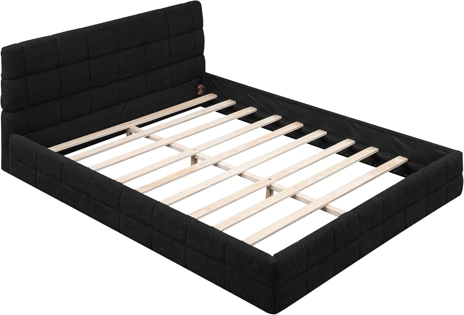 JIVOIT Queen Size Upholstered Platform Bed, Berber Fleece Upholstered Bed with Headboard, Wood Low Platform Bed Frame with Wood Slats Support, No Box Spring Required (Black & 12)
