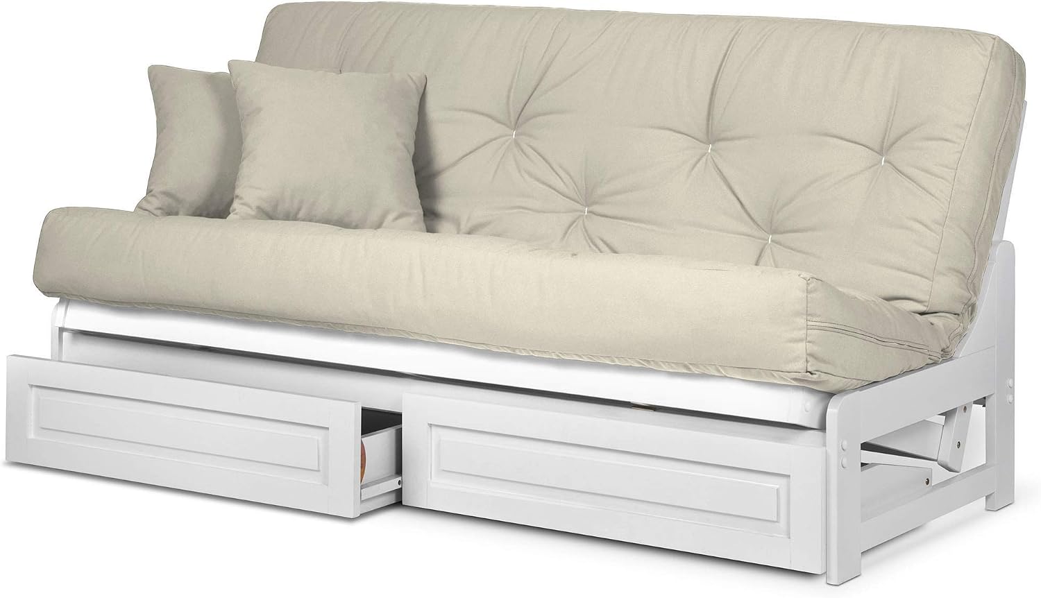 Nirvana Futons Arden White Futon with Storage Drawers Queen Size - Minimalist Armless Design with 8 Inch Comfortable Mattress (Twill Ivory), Sofa Bed Available in
