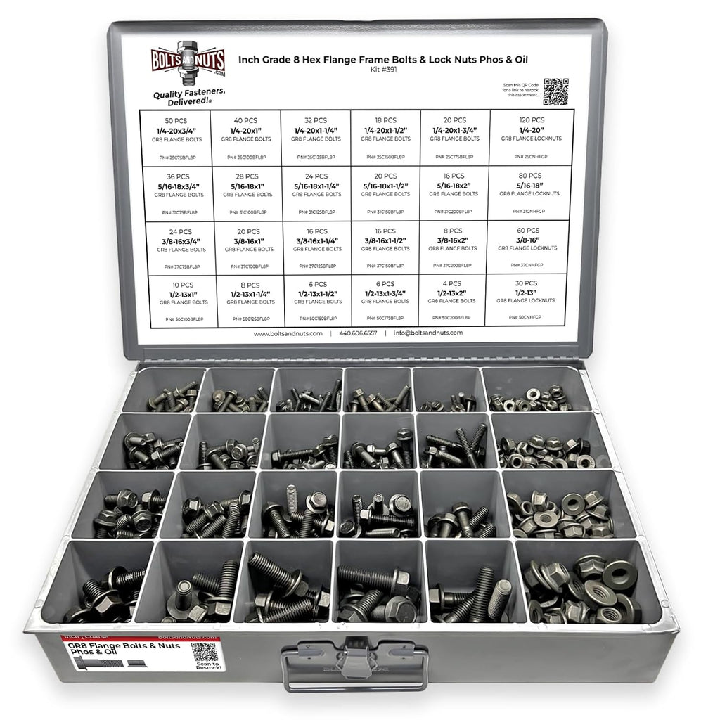 Inch Grade 8 Hex Flange Frame Bolts & Lock Nuts Phos & Oil Assortment - 693 PCS