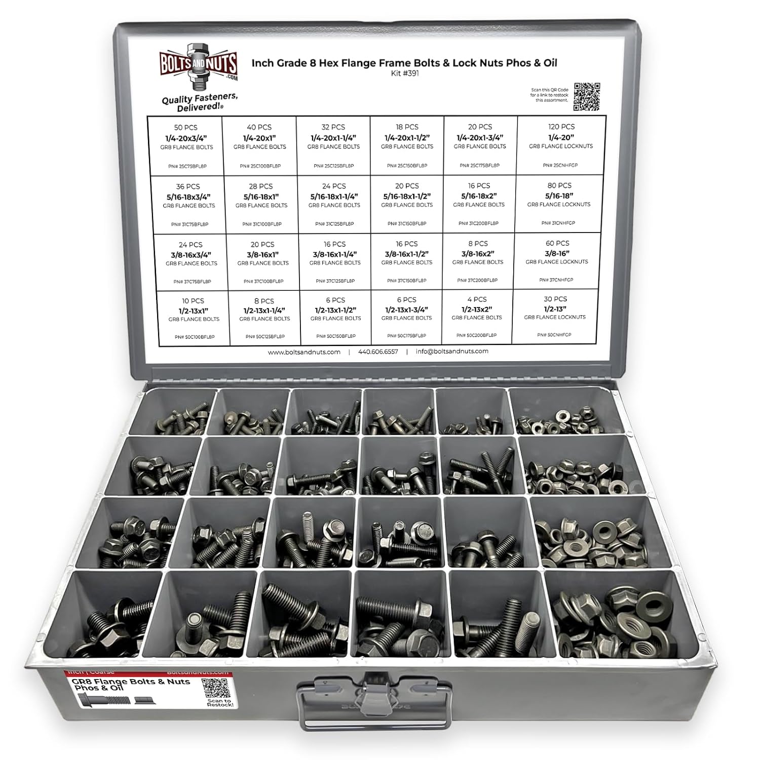 Inch Grade 8 Hex Flange Frame Bolts & Lock Nuts Phos & Oil Assortment - 693 PCS