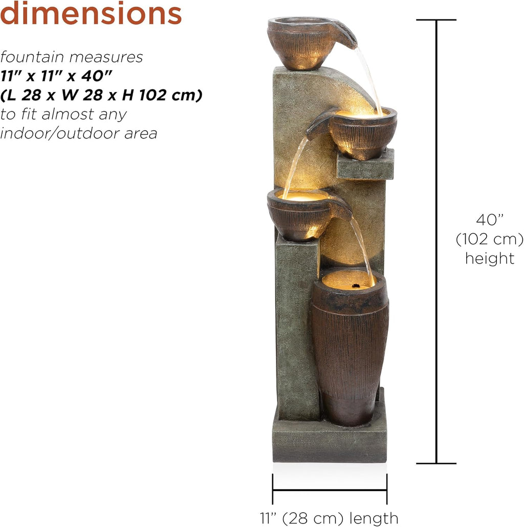 Alpine Corporation 40' Tall Indoor/Outdoor 4-Tier Fountain with LED Lights, Cascading Pot and Bowl Water Feature, Elegant Waterfall for Garden, Patio & Home, Brown