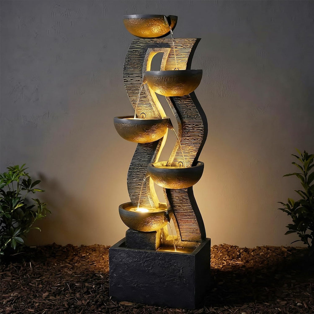 Bumilgar 52.8 Tall Garden Water Fountain Outdoor for Garden, Patio, Backyard, Deck, Porch and Home Art Decor, 6 Tiers Modern Cascading Large Outdoor Fountain with Lights
