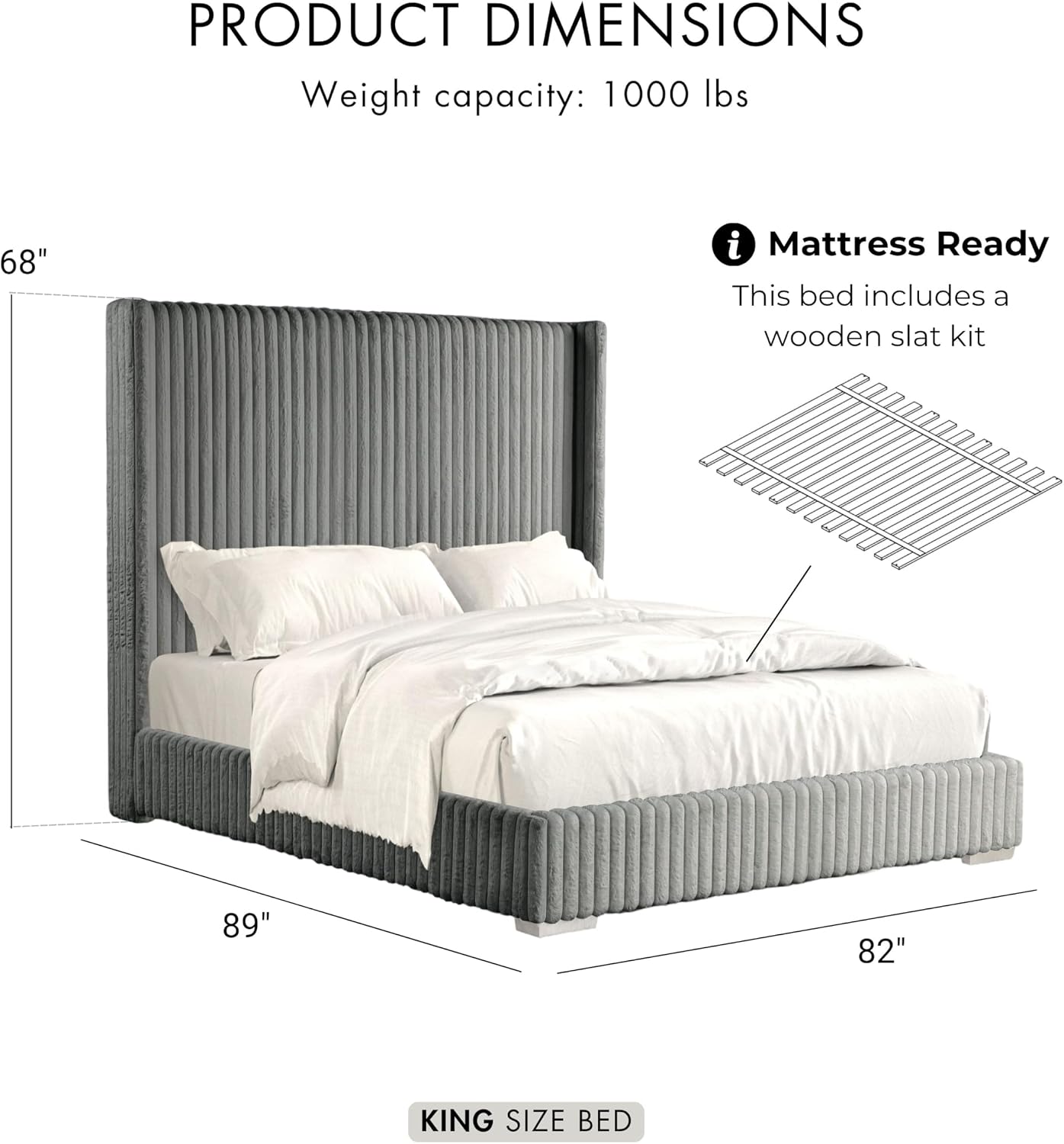 Furniture of America Plutforn Modern Wood 82-inch King Platform Bed with Fur Chenille Fabric, No Box Spring Required for Bedroom, Guest Room, Gray