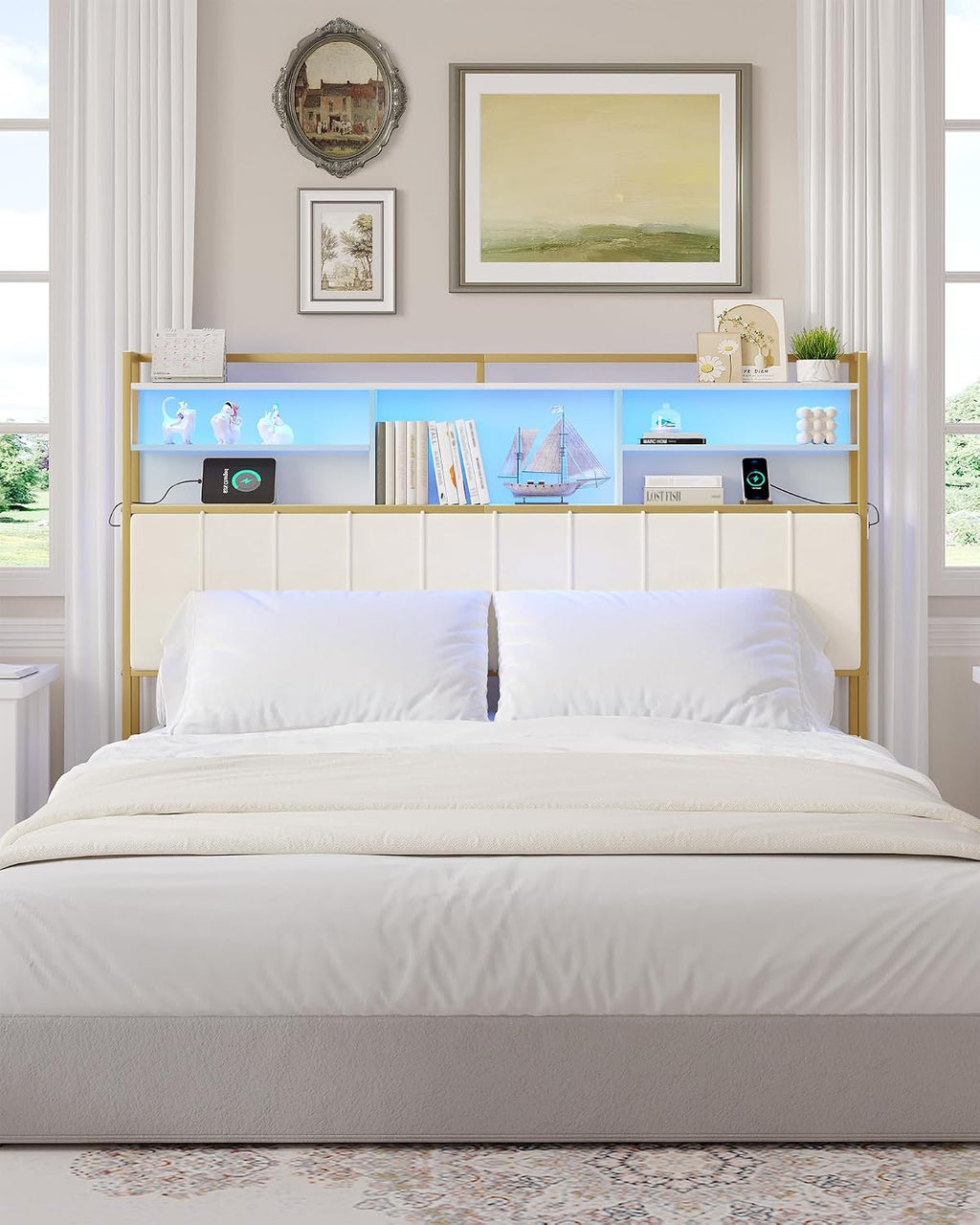 Hzuaneri Headboard with 3-Tier Storage Shelves, Velvet Upholstered Head Board with 2 Outlets, USB Ports & LED Light, Soft Backrest for King Size Bed, White and Gold BH19403A