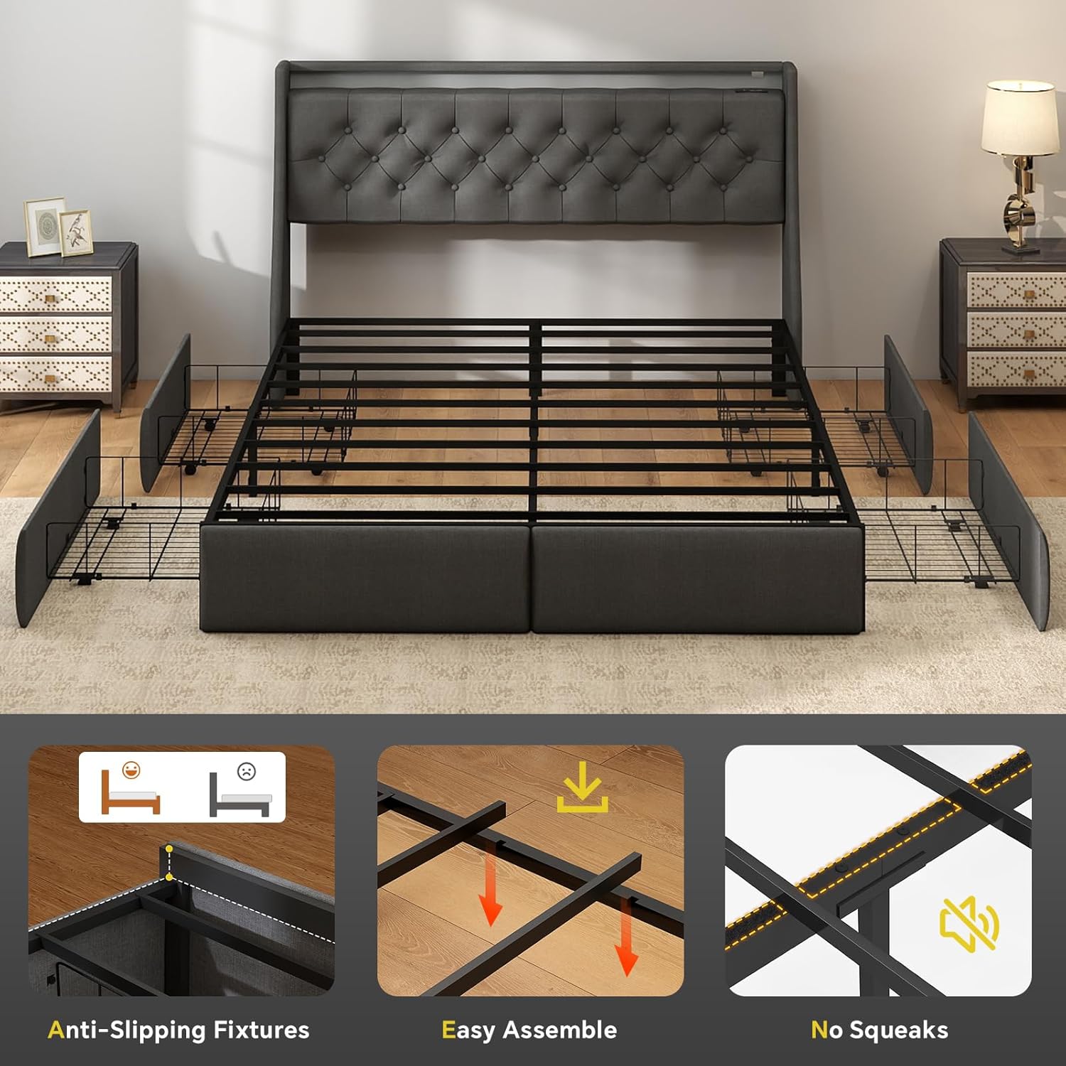 SADENICEL King Size Bed Frame with Storage Headboard, Metal Platform Bed Frame King with 4 Drawer, LED Light, Charging Station, No Box Spring Needed, Noise Free, Easy Assembly, Grey