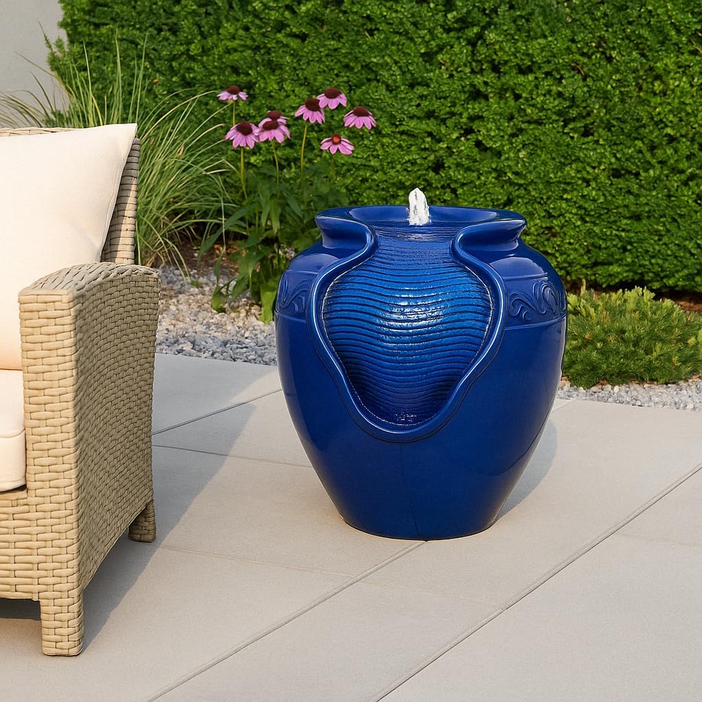 Teamson Home Outdoor Water Fountain, Glazed Pot Ceramic Look with LED Lights & Pump, Royal Blue, 16.93' Patio Garden Water Feature, Cascading Zen Fountain for Backyard, Porch, Deck, Home Decor