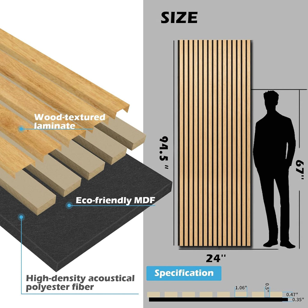 Art3d 2-Pack 94.5' x 24' Acoustic Wood Panels for Wall, 31 sq.ft Soundproof Wood Slat Panels, 3D Fluted Sound Absorbing Paneling for Interior Wall Decor, Living Room, Bedroom - Red Oak