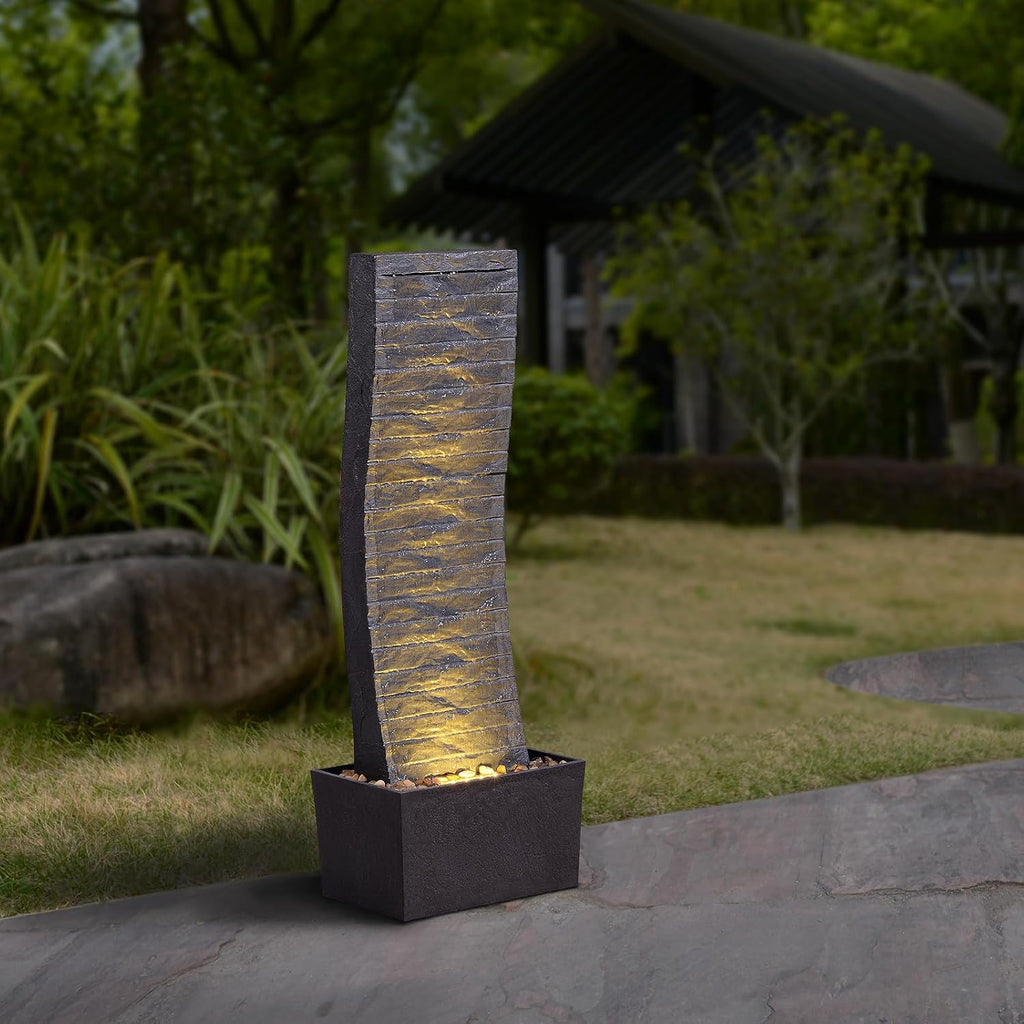 Curved Outdoor Waterfall Fountain, 36.2' Elegant Outdoor Water Fountain with LED Lights for Patio, Garden, Backyard, Modern Large Relaxing Water Feature (24382)