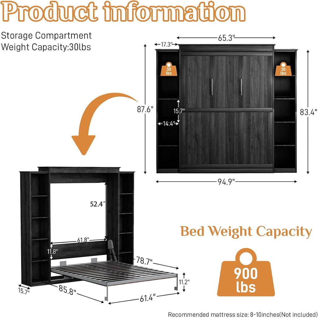 Rophefx Queen Murphy Bed Cabinet with 5-Tier Adjustable Storage Shelves, Wood Queen Wall Bed Cabinet Bed Frame, Space Saving Beds, Hidden Bedframe, Foldable Platform Beds for Guest Room, Black Gray