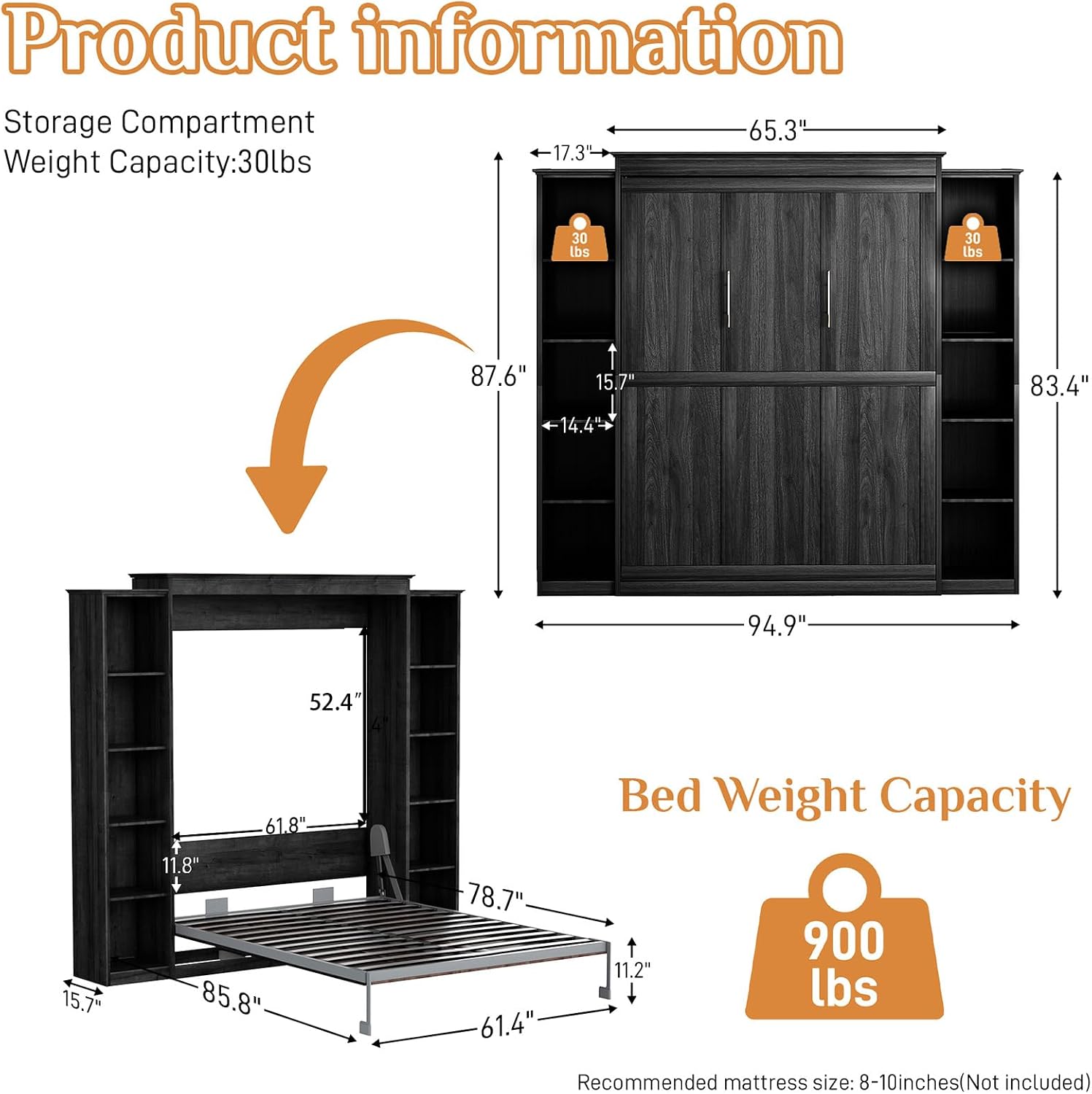 Rophefx Queen Murphy Bed Cabinet with 5-Tier Adjustable Storage Shelves, Wood Queen Wall Bed Cabinet Bed Frame, Space Saving Beds, Hidden Bedframe, Foldable Platform Beds for Guest Room, Black Gray