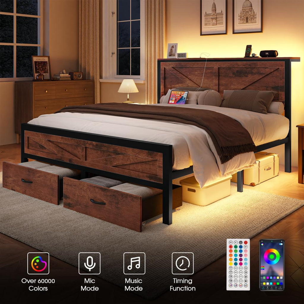 Rustic Full Size Bed Frame with Storage Drawers and Barn Door Headboard, Farmhouse LED Bed Frame Full with Charging Station, Metal Industrial Platform Bed Frames, No Box Spring Needed, Brown