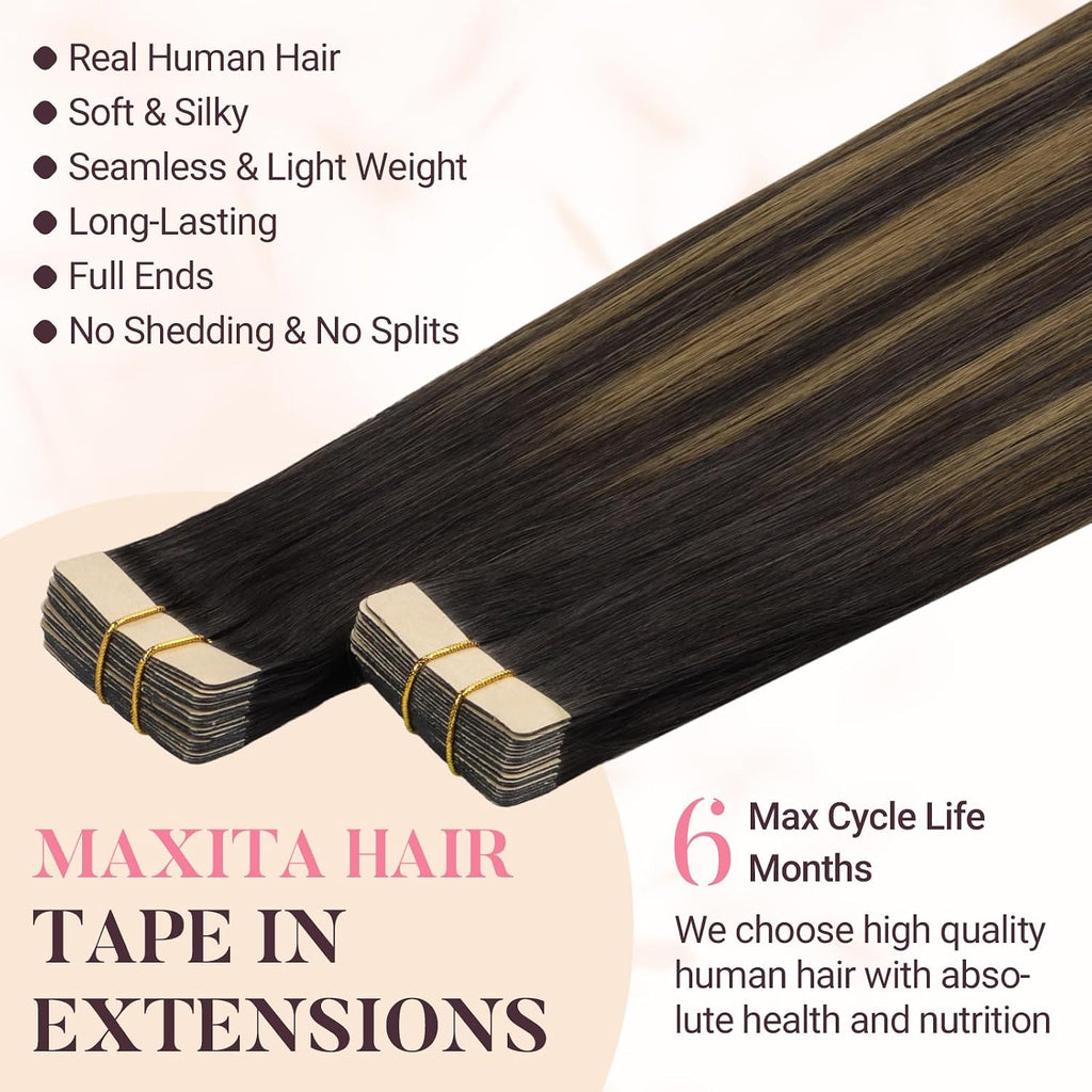 MAXITA Tape in Hair Extensions Human Hair Balayage Dark Brown to Chestnut Brown 20 inch 100g 40pcs Real Human Hair Extensions Natural Hair Extensions Remy Straight Hair