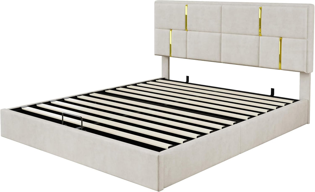 JIVOIT Elegant Design 2-Pieces Bedroom Sets, Queen Size Upholstered Platform Bed with Hydraulic Storage System, Upholstered Storage Ottoman with Metal Legs, Space Saving Design (Beige,Sets,5)