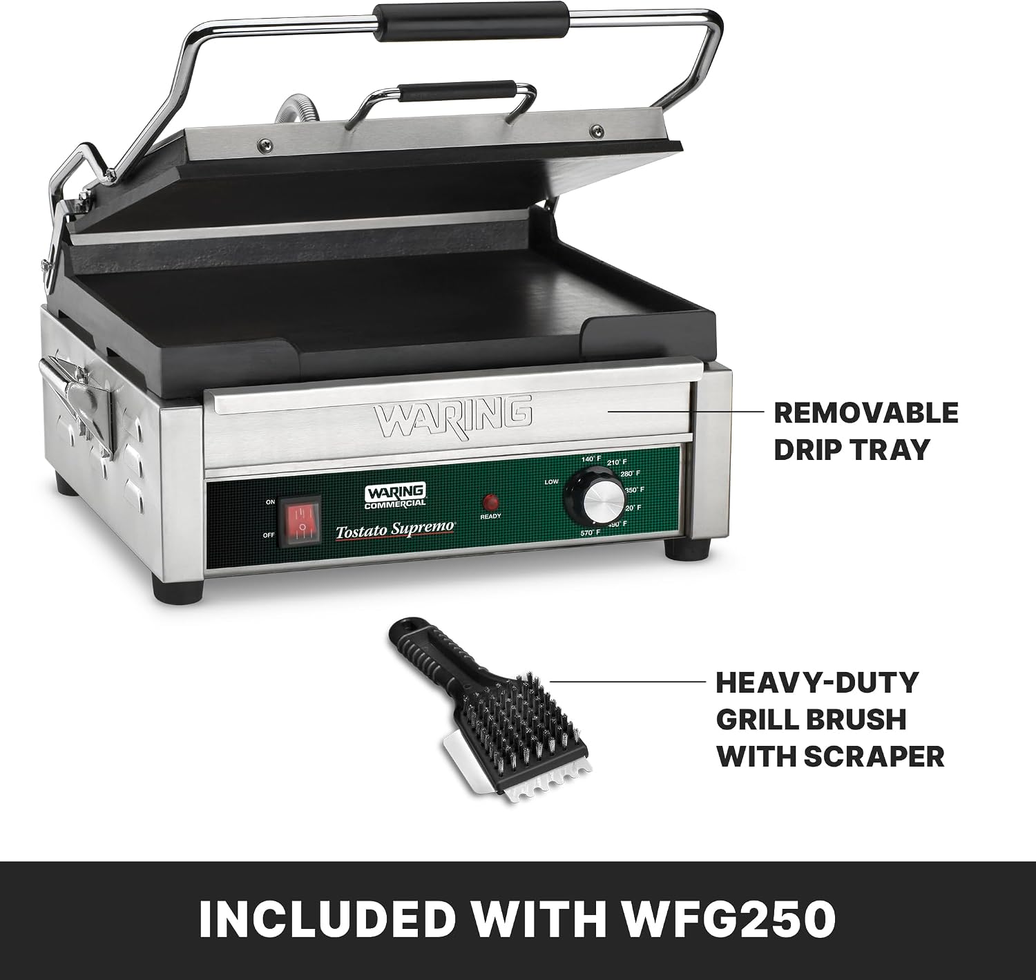 Waring Commercial Panini Press, Flat Cast Iron Plates, 14.5' x 11' Cooking Surface, 570°F Adjustable Thermostat, for Sandwiches up to 3' Thick, Professional Kitchen Grill, 120V, WFG250