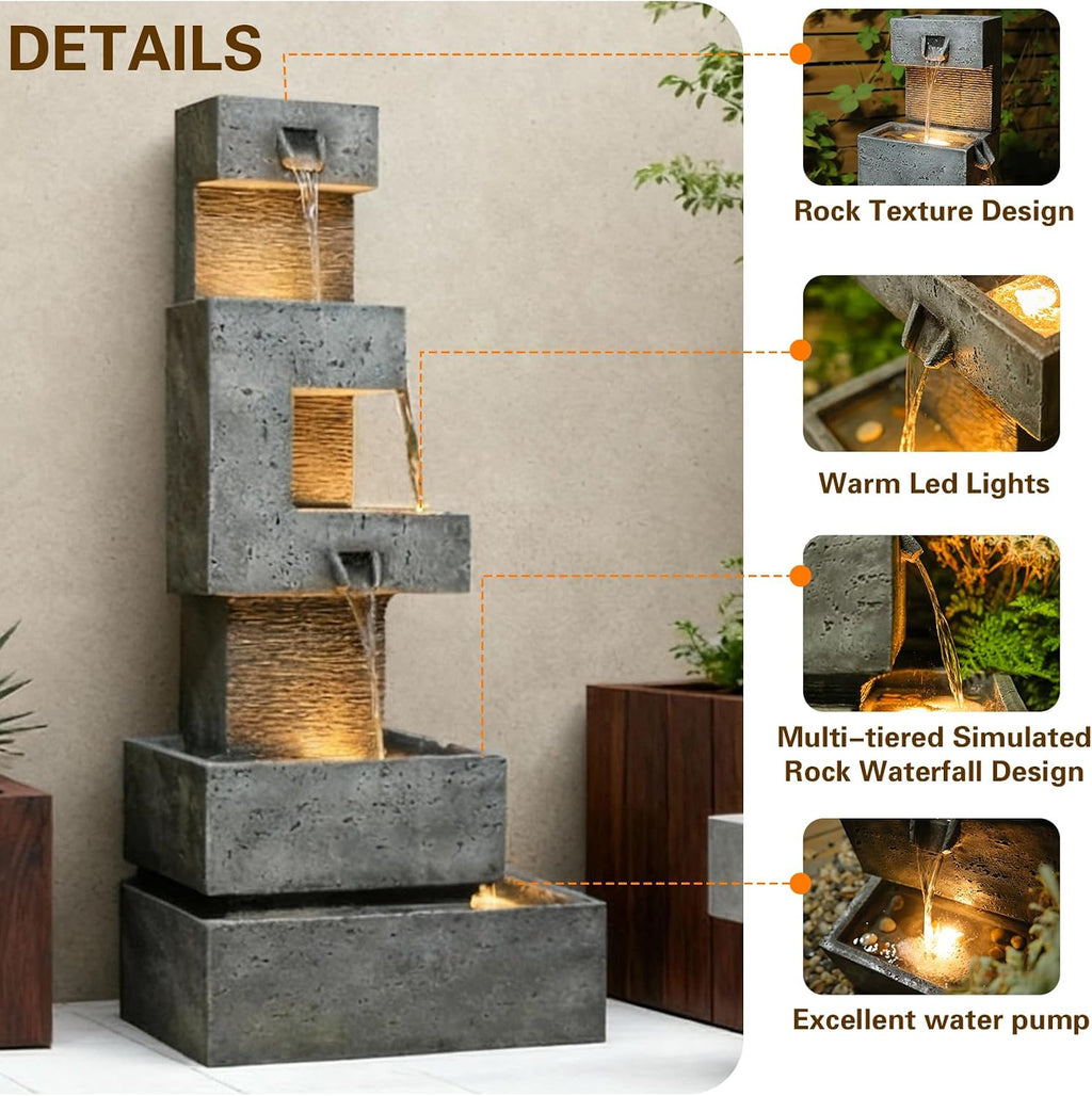 Sunlinua 48.4' H Outdoor Water Fountain with 4 Tiers Cascading Realistic Rock Waterfall Fountains with LED Lights Outdoor Water Fountain for Garden Patio Backyard Porch Home Decor