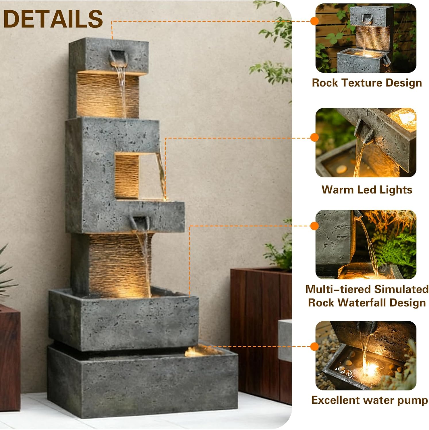 Sunlinua 48.4' H Outdoor Water Fountain with 4 Tiers Cascading Realistic Rock Waterfall Fountains with LED Lights Outdoor Water Fountain for Garden Patio Backyard Porch Home Decor